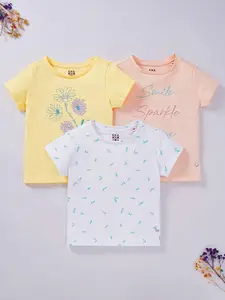 Ed-a-Mamma Girls Set of 3 Yellow & White Typography Printed Cotton Sustainable T-shirts