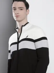Nautica Men Pure Cotton Colourblocked Sweater with Stripe & Embroidered Detail