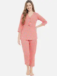 Meeranshi Women Peach Floral Printed Pure Cotton Night Suit
