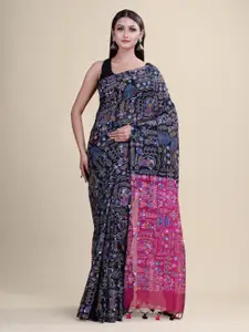 Laa Calcutta Black & Pink Woven Design Silk Cotton Taant Saree