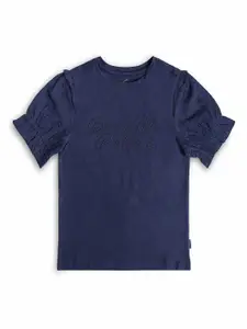 Beverly Hills Polo Club Girls Navy Blue Solid Puff Sleeves Cotton Top