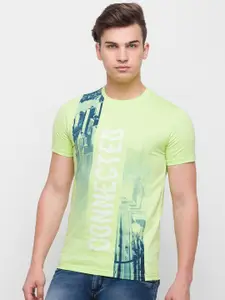 Globus Men Green Typography Printed Raw Edge Slim Fit T-shirt
