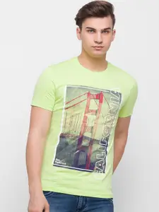 Globus Men Green Printed Slim Fit Cotton T-shirt
