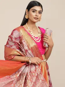 Silk Land Pink & White Ethnic Motifs Zari Ikat Saree