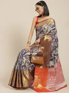 Silk Land Navy Blue & White Ethnic Motifs Zari Ikat Saree