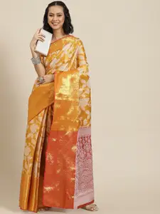 Silk Land Orange Floral Zari Ikat Saree