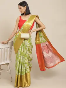 Silk Land Green & Red Floral Zari Ikat Saree