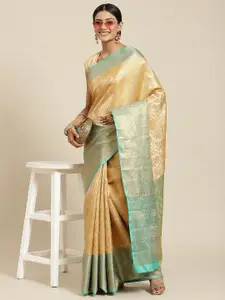 Silk Land Beige & Teal Ethnic Motifs Zari Kanjeevaram Saree