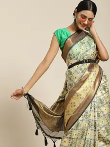 Silk Land Beige & Green Ethnic Motifs Pochampally Saree
