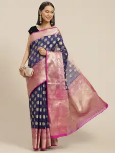 Silk Land Navy Blue & Pink Woven Design Zari Kanjeevaram Saree
