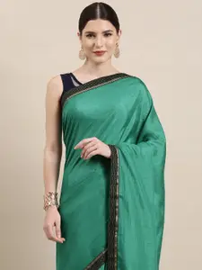 Indian Women Teal Green & Black Zari Silk Blend Saree