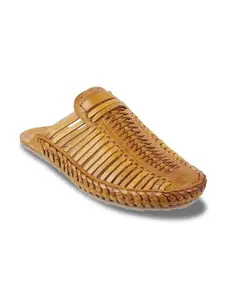 Mochi Men Beige Ethnic Leather Comfort Sandals