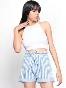 FREAKINS Women Blue Striped Slim Fit High-Rise Cotton Shorts