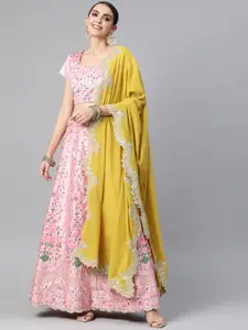 Readiprint Fashions Pink & Green Embroidered Unstitched Lehenga & Blouse With Dupatta