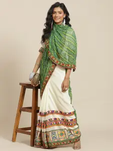 SERONA FABRICS Green & White Bandhani Kutchi Embroidery Pure Georgette Half and Half Saree