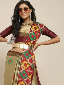 SERONA FABRICS Cream-Coloured & Red Embellished Kutchi Embroidery Silk Cotton Saree