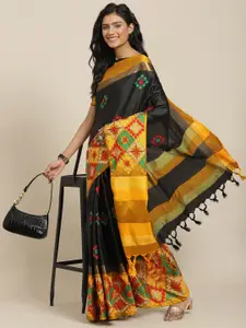 SERONA FABRICS Black & Mustard Yellow Embellished Kutchi Embroidery Silk Cotton Saree