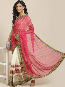 SERONA FABRICS Pink & Beige Bandhani Kutchi Embroidery Pure Georgette Saree
