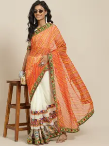 SERONA FABRICS Orange & Off White Bandhani Kutchi Embroidery Pure Georgette Saree