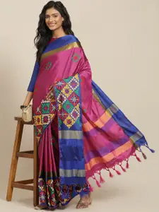 SERONA FABRICS Pink & Blue Embellished Kutchi Embroidery Silk Cotton Saree