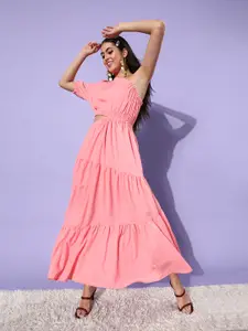 Zastraa Women Stylish Pink Solid Cut Out Dress