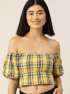 The Dry State Yellow Checked Off-Shoulder Bardot Crop Top