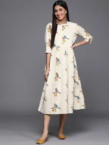 Libas Off White & Blue Bird Print Cotton Midi Fit and Flare Dress
