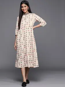 Libas Off White & Black Floral Print Cotton Midi Fit and Flare Dress