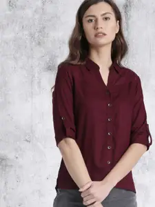 Roadster Women Maroon High-Low Casual Shirt
