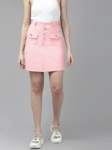 KASSUALLY Women Pink Solid Cotton Straight Skirt