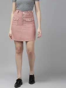 KASSUALLY Women Dusty Pink Solid Pure Cotton Skirt