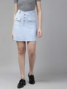 KASSUALLY Blue Solid Pure Cotton A-Line Skirt