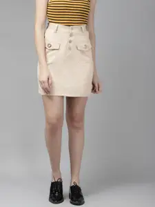 KASSUALLY Women Beige Solid Cotton Straight Skirt