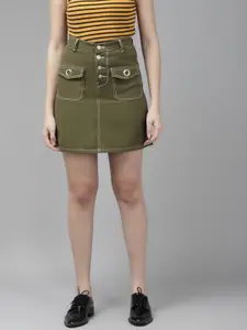 KASSUALLY Women Olive Green Solid Pure Cotton Denim Skirt