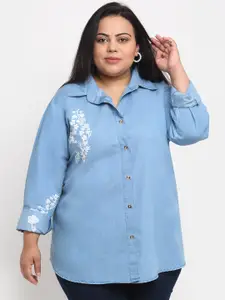 sindrellastorie Women Plus Size Blue Floral  Embroidered Denim Casual Shirt