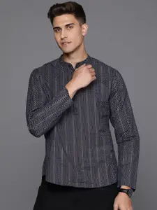 Indo Era Men Navy Blue & Beige Geometric Printed Indigo Cotton Kurta