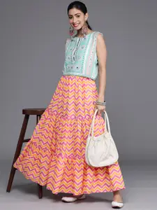 Libas Women Orange & Pink Chevron Print Flared Maxi Skirt