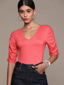 bebe Women Coral AM-PM Solid Puff Sleeves Regular Top