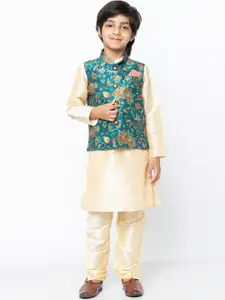 KISAH Boys Cream-Coloured Floral Kurta with Churidar & Jacket