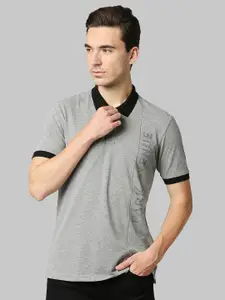 Park Avenue Men Grey & Black Brand Logo Printed Polo Collar Slim Fit T-shirt