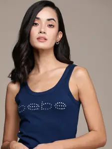 bebe Women Daylight Blue Essential Brand Logo Printed Applique Sleeveless T-shirt