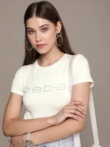 bebe Women Egret Essential Solid Beads & Stones Detailing Slim Fit Casual T-shirt