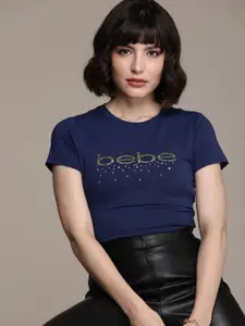 bebe Women Essential Daylight Blue Solid Applique Slim Fit Casual T-shirt