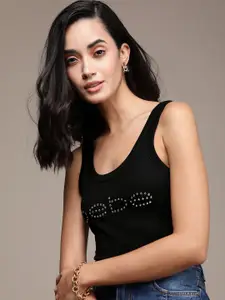 bebe Women Jet Black Essential Brand Logo Printed Applique Sleeveless T-shirt