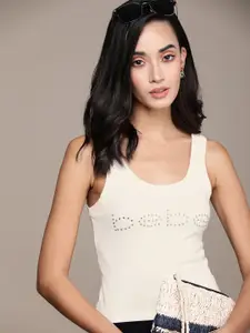 bebe Women Egret Essential Brand Logo Printed Sleeveless T-shirt With Beads Detail