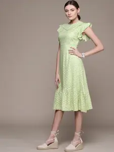 bebe Lily Green Brighter Basics Schiffli Embroidered A-Line Midi Dress