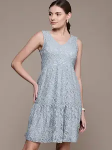 bebe Women Bluish Grey AM-PM Floral Embroidered  V-Neck A-Line Party Dress