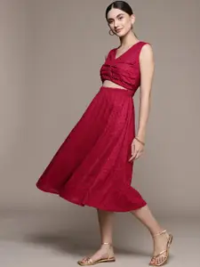 bebe Persian Red Brighter Basics Schiffli Embroidered A-Line Midi Dress