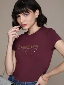 bebe Women Essential Beetroot Solid Applique Slim Fit Casual T-shirt