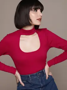 bebe Women Red Striped Scoop Neck  Slim Fit T-shirt